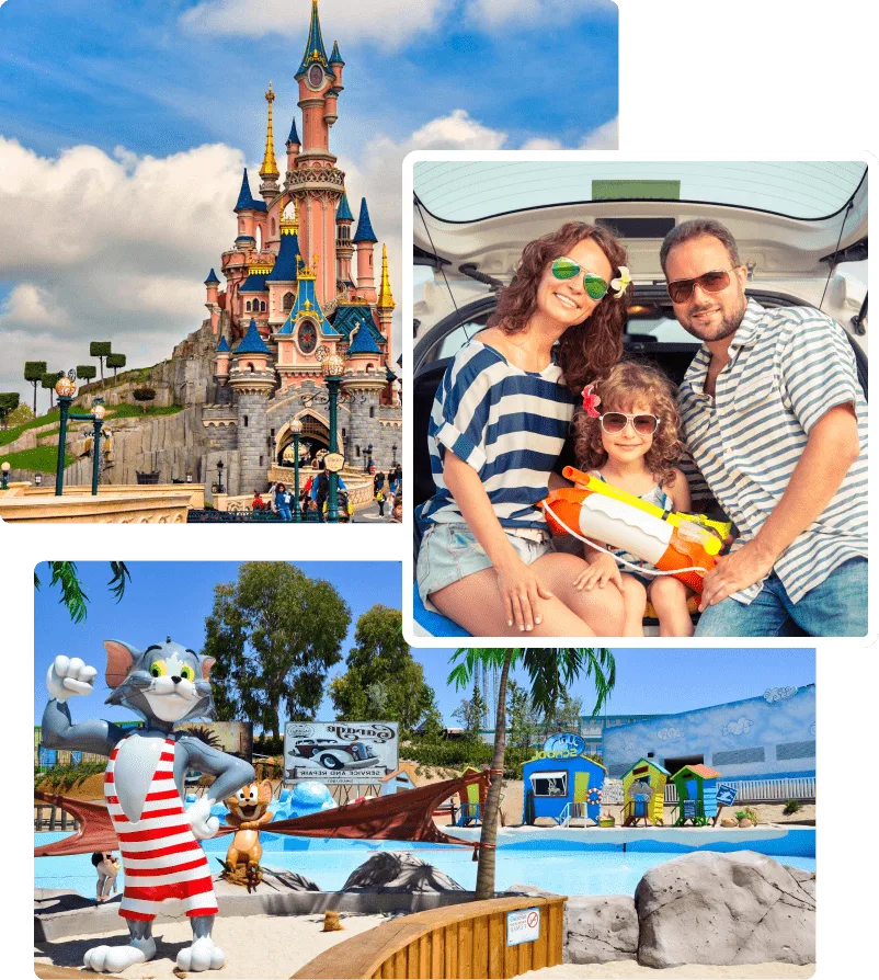 una foto collage de Disneyland parís, una familia posando en el maletero de un carro y un parque de diversiones con piscina.