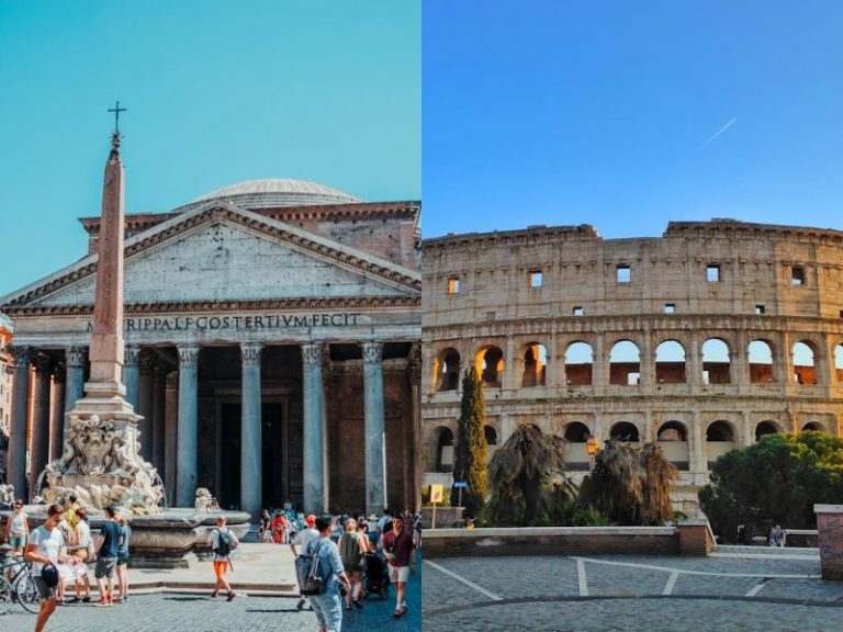 Imagen combinada que muestra el Coliseo Romano a la derecha y el Panteón a la izquierda, dos de los monumentos más emblemáticos de Roma.