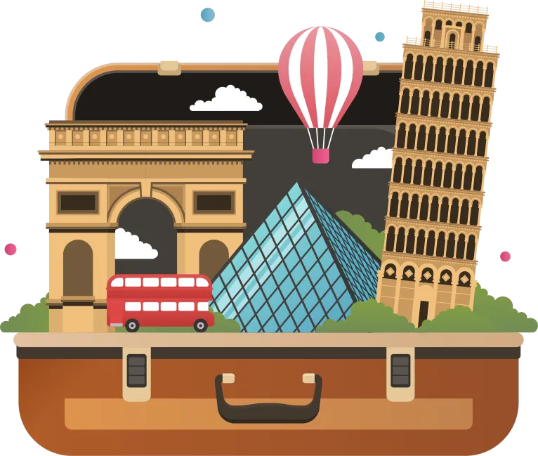 una ilustración de una maleta con destinos y monumentos famosos de europa, ideal para agencias de viaje.