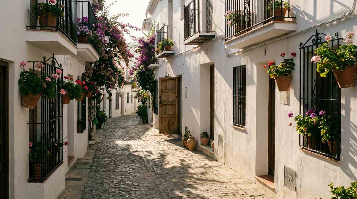 Callejuela empedrada en un pueblo blanco andaluz con balcones llenos de flores primaverales y luz solar suave de mañana, transmitiendo una atmósfera de paz y exclusividad sin multitudes.