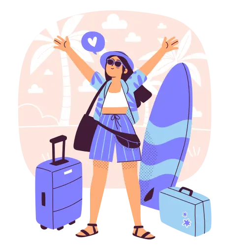 Ilustración de una mujer joven y alegre con ropa de vacaciones y elementos de viaje.