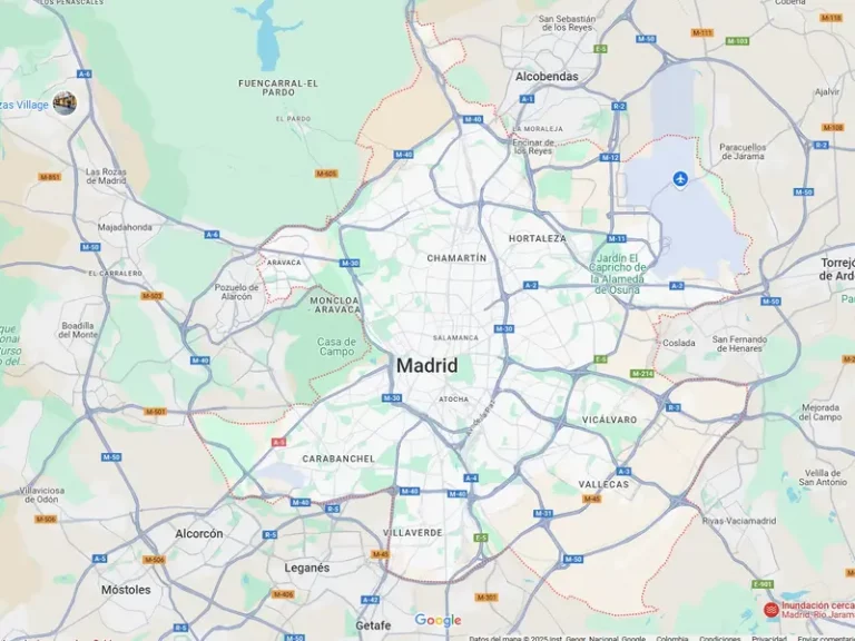 Un mapa de Google Maps que muestra la ciudad de Madrid. Se usa para mostrar el area de transporte del Traslado en Madrid.