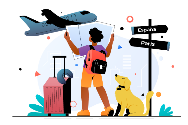 Una ilustración con una persona preparando un viaje junto a su mascota, tiene muchos detalles como una maleta, un avión y colores animados. Imagen para representar Entradas y/o actividades. Créditos: freepik.